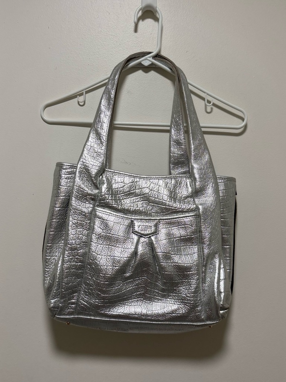 Aimee Kestenberg Silver Metallic Croc-Embossed Tote leather carry purse bag